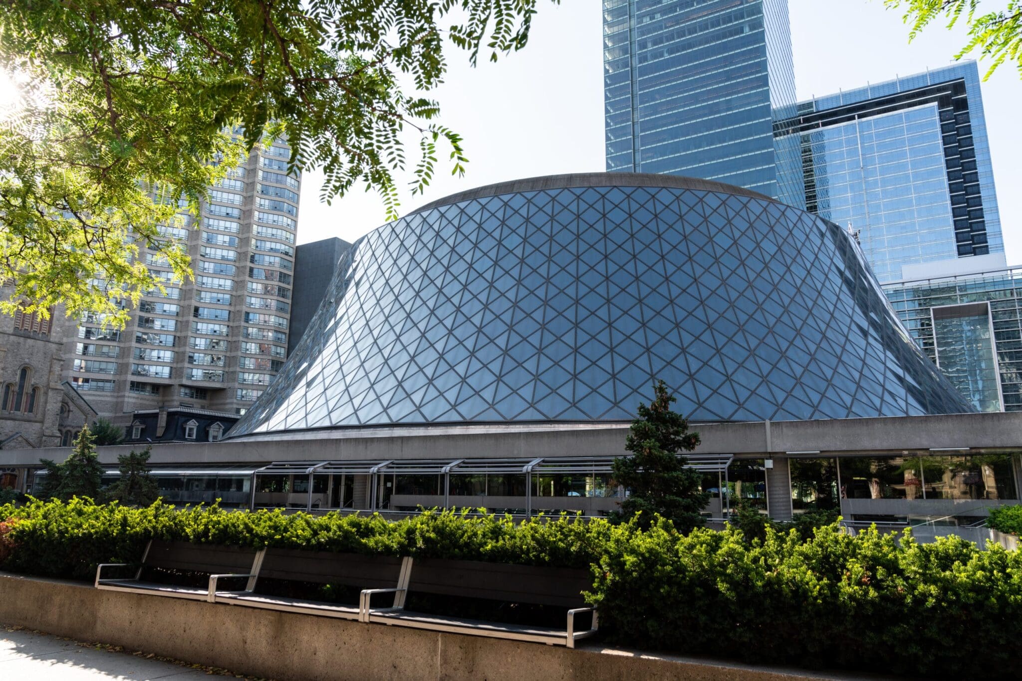 Exterior shot of Roy Thomson Hall on a sunny day