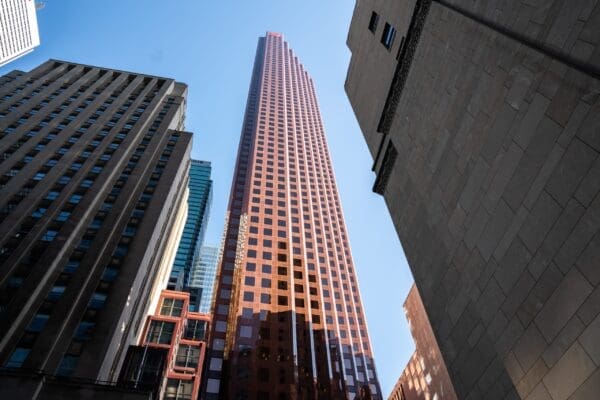 Looking up at the Scotia Plaza and surrounding skyscrapers on a sunny day