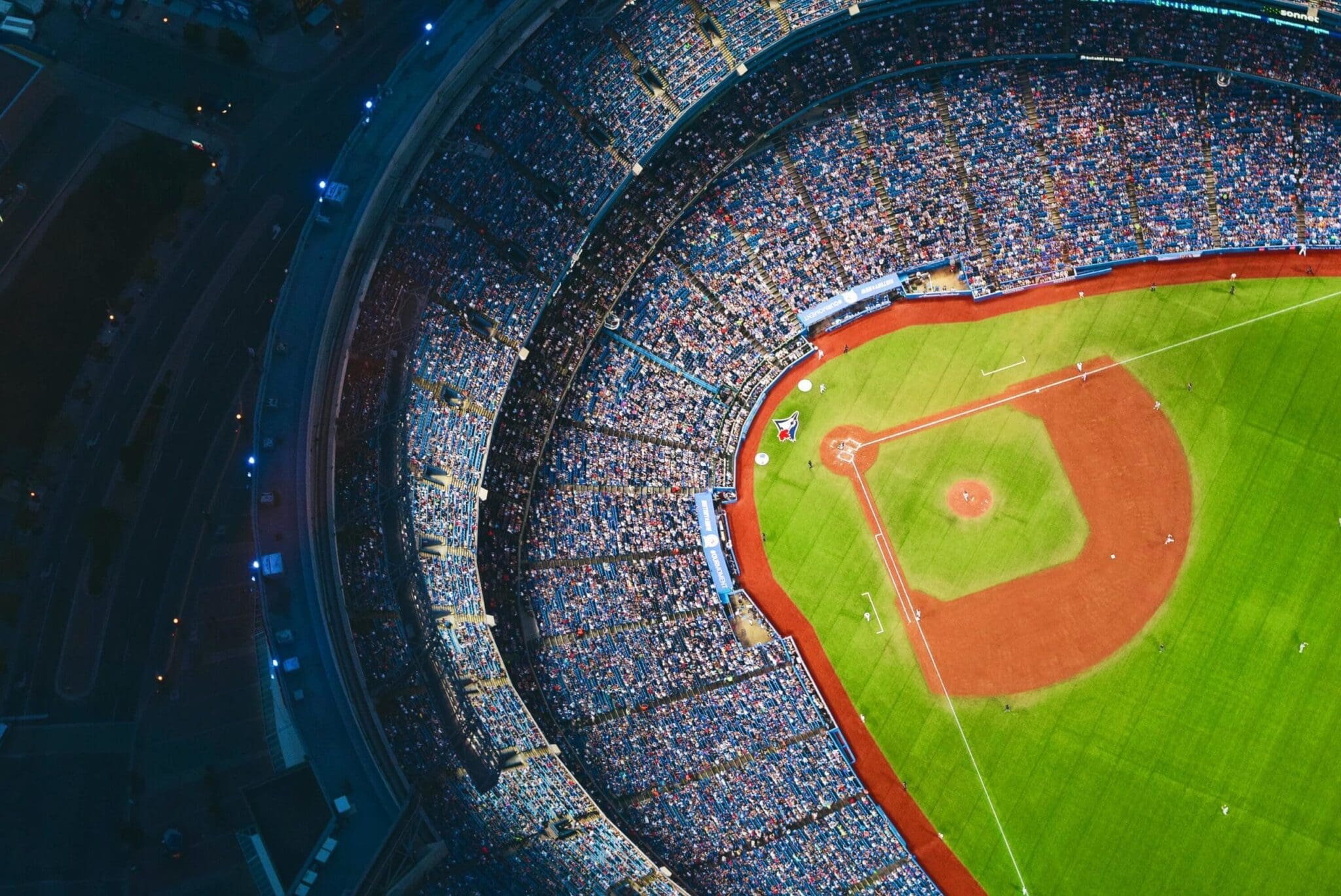 Overhead, open-dome view of a baseball game at the Rogers Centre