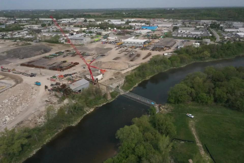 Aerial view of a bridge to be removed.