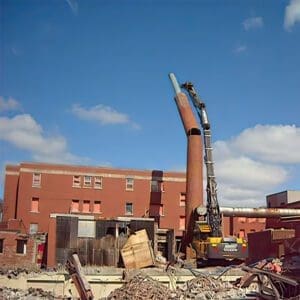 Chimney stack removal during Grace Hospital Demolition project in Windsor Ontario