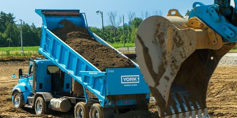 YORK1 cyan dump truck full of soil